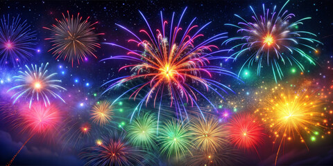 Fototapeta premium Colorful fireworks display exploding in a night sky, vibrant and festive celebration with sparkling glitter effects, perfect for holiday or party themes.