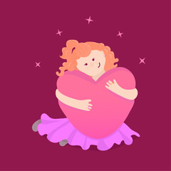 Red-haired girl hugging big pink heart sitting on knees on burgundy background