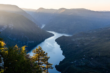 Sunset view of Drina river valley between Serbia and Bosnia and Herzegovina from Banjska Stena...