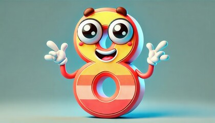 Obraz premium Cheerful Cartoon Number 8 with Peace Gestures and Striped Design AI Generated