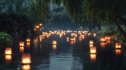 Fototapeta premium A serene river with dozens of small Chinese lanterns floating on the water surface. The lanterns reflect in the calm, dark water, creating a peaceful and magical ambiance. 