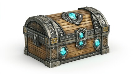 Obraz premium Ornate wooden treasure chest with metal accents and blue gems.