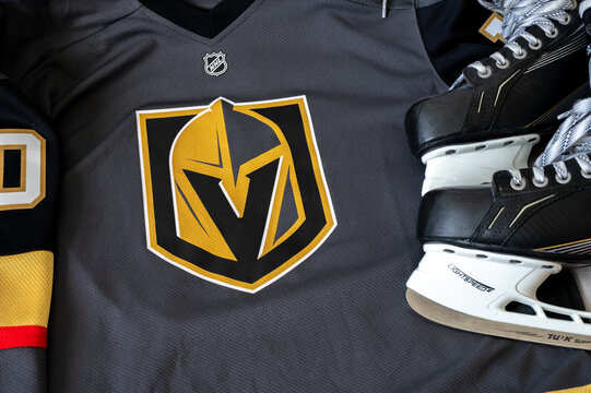 Calgary, Alberta - September 26, 2024: Detail of the Vegas Golden Knights jersey. The Golden Knights are a NHL hockey team.