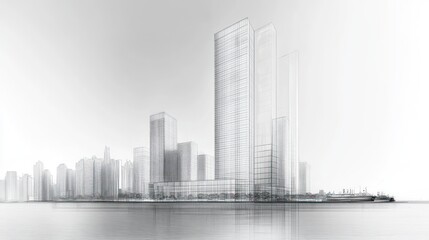 Naklejka premium Wireframe cityscape architectural rendering, modern buildings reflected in water.
