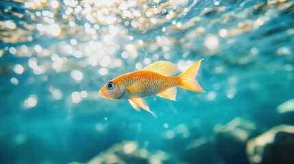 Naklejka premium Orange fish swimming underwater in blue ocean.