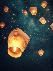 A serene scene of multiple Chinese lanterns floating upward against a deep, starry night sky. 