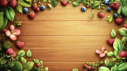 Raspberries, blueberries, and flowers frame a wood background.