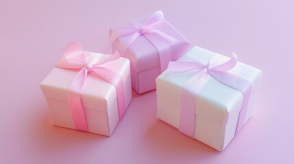 Obraz premium Three pastel-colored gift boxes with pink ribbons on a pink background.