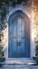Ornate blue double door in stone archway, sunlight.