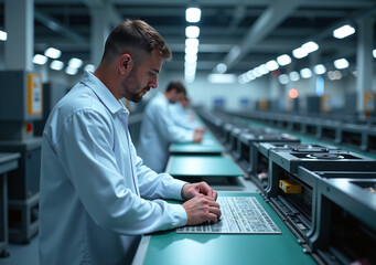 engineer views assembly line printed circuits modern factory advanced automation electronics manufacturing facility