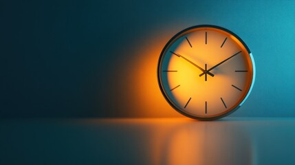 Illuminated clock on a dark background.