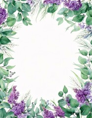Fototapeta premium Watercolor hand painted banner with green eucalyptus leaves, purple flowers and branches. Spring or summer flowers for invitation, wedding or greeting cards.