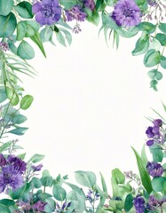 Fototapeta premium Watercolor hand painted banner with green eucalyptus leaves, purple flowers and branches. Spring or summer flowers for invitation, wedding or greeting cards.