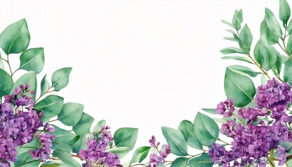 Fototapeta premium Watercolor hand painted banner with green eucalyptus leaves, purple flowers and branches. Spring or summer flowers for invitation, wedding or greeting cards.