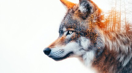 Fototapeta premium Wolf portrait double exposure with forest and bokeh lights.