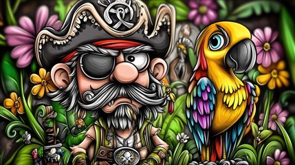 Fototapeta premium Grumpy cartoon pirate with parrot in tropical garden.