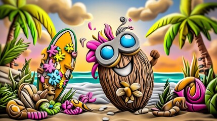 Obraz premium Happy coconut character surfing on beach at sunset.