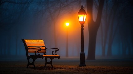 Foggy park bench and lamppost at night.