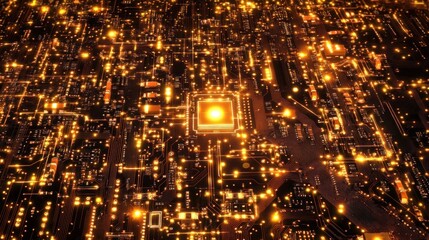 Obraz premium Glowing circuitry board with central processor.