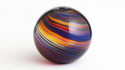 Fototapeta premium Colorful glass sphere with swirling patterns on white background.