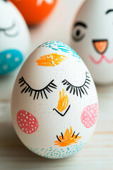 Close-up of a painted Easter egg with colorful and whimsical facial features crafted by children