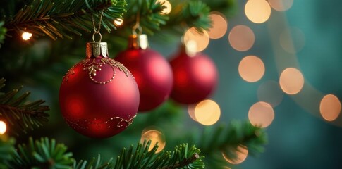 Fototapeta premium Close-up festive ornaments on Christmas tree Bokeh lights, garland, wreath , tree, blue