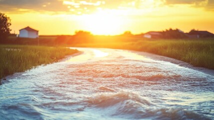 Obraz premium Flooded Rural Road Under Bright Midday Sun