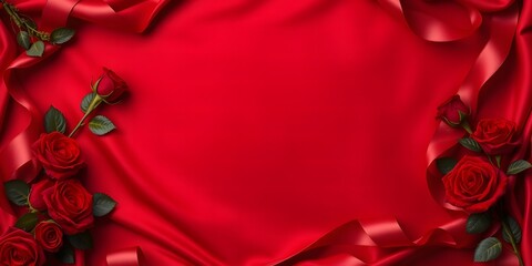 Luxurious Burgundy Satin Background with Realistic Red Roses and Satin Ribbon Framing