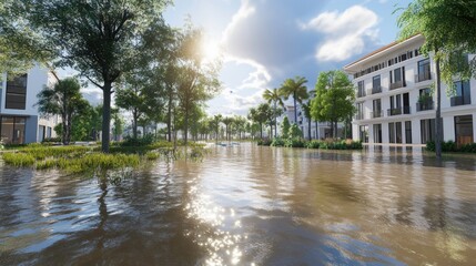 Obraz premium Flooded Residential Neighborhood Under Bright Midday Sun