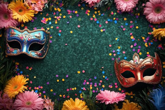 Fundo fotogr&aacute;fico com tema de carnaval com duas mascaras na grama, flores e confetes