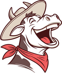 A humorous and lively illustration of a cow laughing heartily, wearing a classic cowboy hat and a red bandana around its neck.  