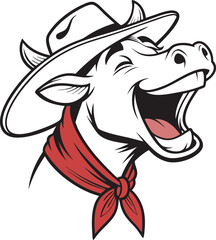 A humorous and lively illustration of a cow laughing heartily, wearing a classic cowboy hat and a red bandana around its neck.  