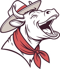 A humorous and lively illustration of a cow laughing heartily, wearing a classic cowboy hat and a red bandana around its neck.  