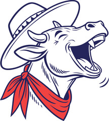 A humorous and lively illustration of a cow laughing heartily, wearing a classic cowboy hat and a red bandana around its neck.  