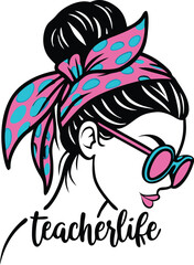 A stylish and modern illustration of a teacher with a high bun hairstyle, adorned with a vibrant pink and blue leopard-print headband tied into a bow 