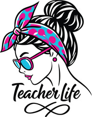 A stylish and modern illustration of a teacher with a high bun hairstyle, adorned with a vibrant pink and blue leopard-print headband tied into a bow 