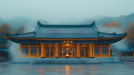 Obraz premium Serene Asian Temple Amidst Misty Mountains