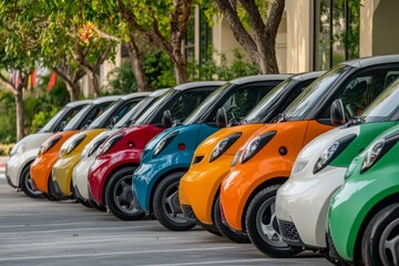 community electric vehicle sharing program, with various small eco-friendly vehicles parked in a row