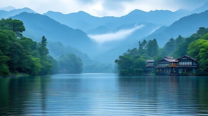 Obraz premium Serene Mountain Lake House Peaceful Tranquil Setting