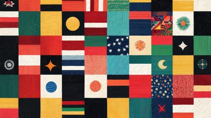 A vibrant collage of various national flags arranged in a grid pattern, showcasing diverse colors and designs that represent different countries.