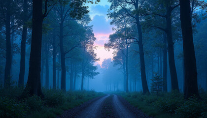 Fototapeta premium Lush forest path under twilight sky revealing blue hour magic with soft diffused light creating a mystical atmosphere among tall trees and gentle curves of the road