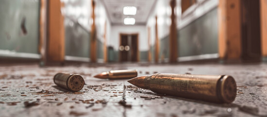 bullets on the floor of a deserted school corridor, active shooter, school shooting concept