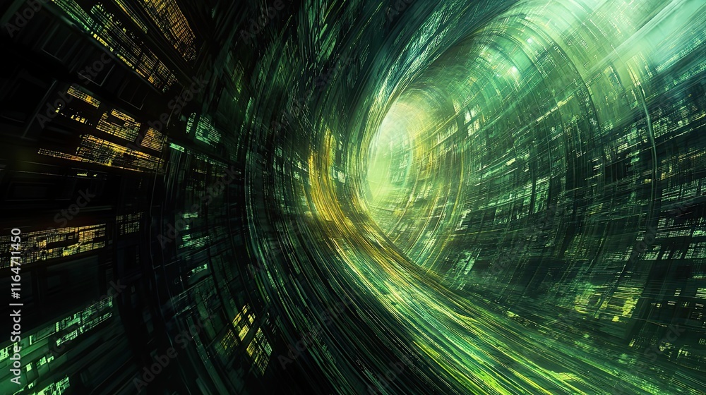 Poster abstract green digital tunnel data stream visualization