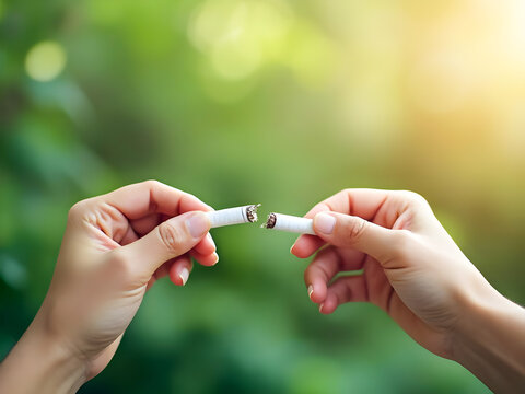 Quitting Smoking: Broken Cigarette in Hands Against Nature