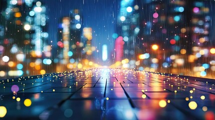 Rainy Night Cityscape Illuminated By Bright Lights