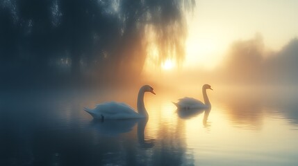 Naklejka premium Two Swans Glide on Misty Water at Sunrise