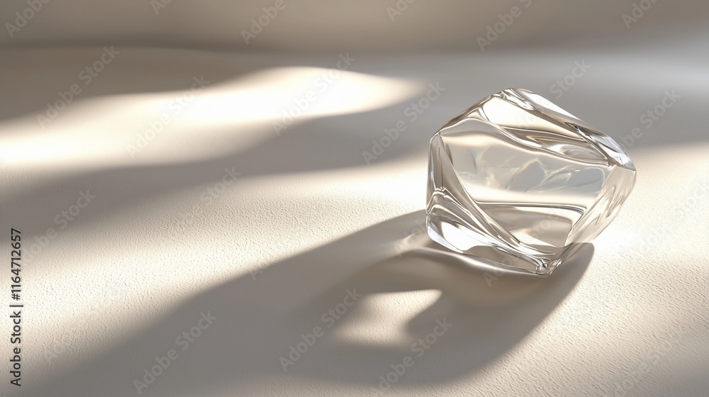 Poster Sparkling ice cube on soft surface, sunlit.
