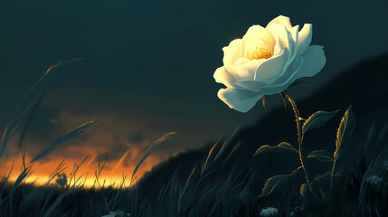 Close up of a white rose against a dark backdrop symbolizing nature and elegance. Sunrise. Illustration