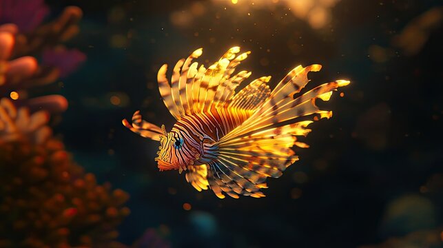 A radiant lionfish swims in dark ocean water