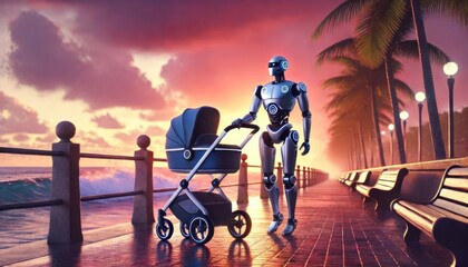 Obraz premium Futuristic Robot Nanny Strolling with a Baby Stroller Along a Scenic Ocean Promenade at Sunset